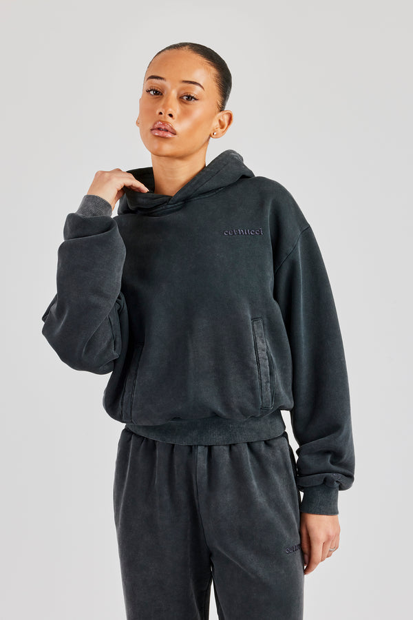 Womens Acid Wash Boxy Hoodie - Charcoal