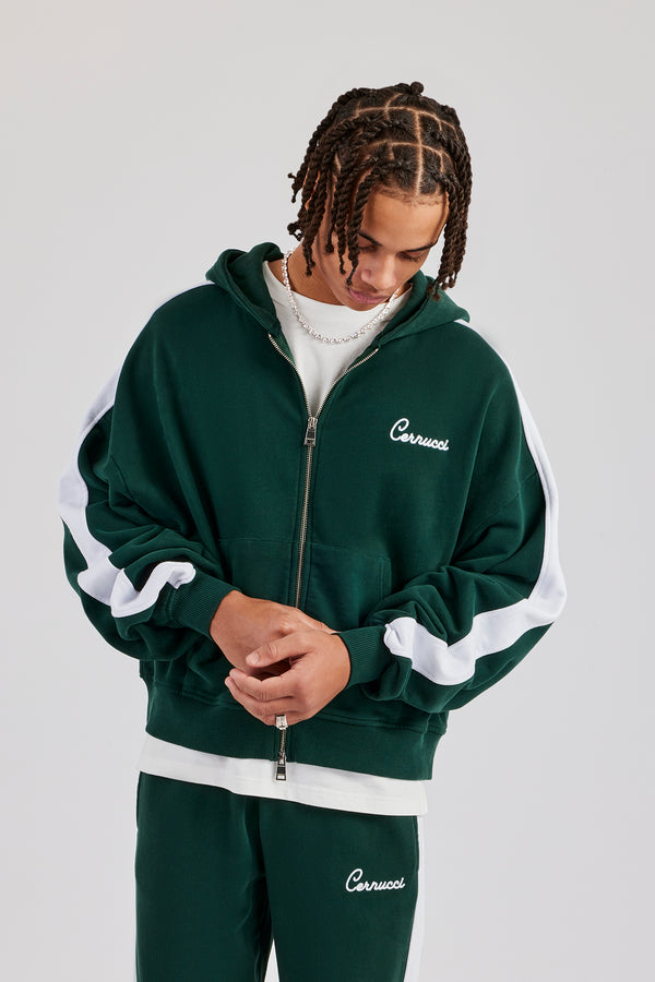 Contrast Panel Boxy Zip Through Hoodie - Forest Green