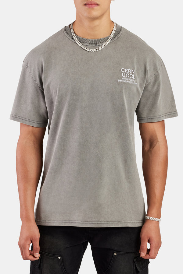 Oversized Washed Cernucci Text T-Shirt - Grey