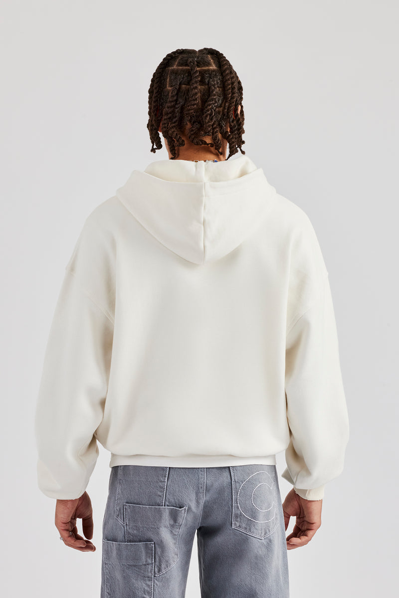 Boxy Zip Through Printed Hoodie - Off White