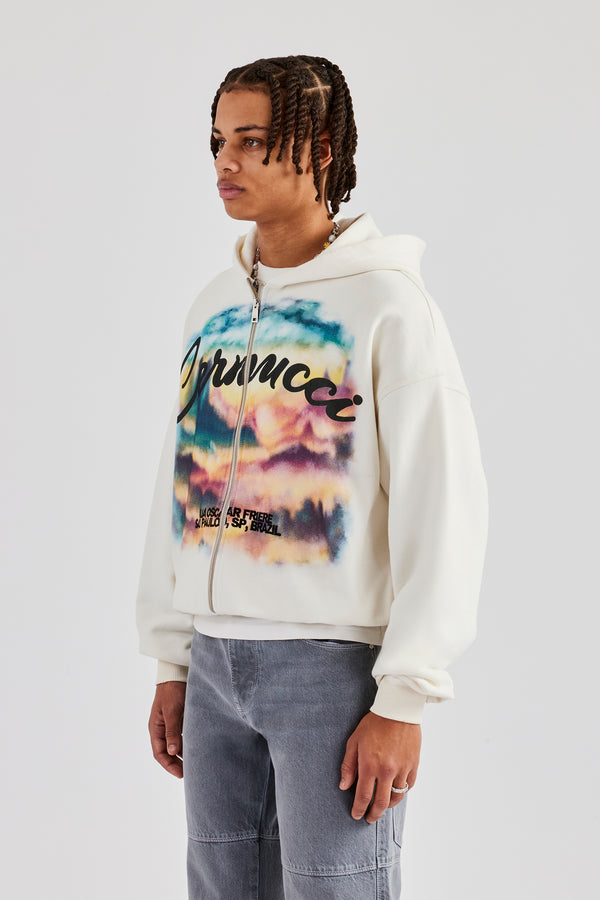 Boxy Zip Through Printed Hoodie - Off White