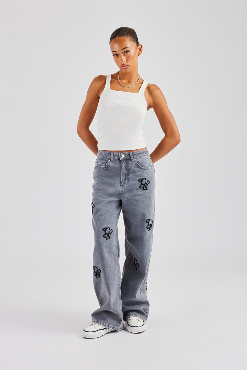 Womens Baggy Fit Branded Denim Jean - Washed Grey