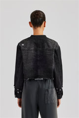 Raw Hem Denim Collarless Jacket - Washed Black