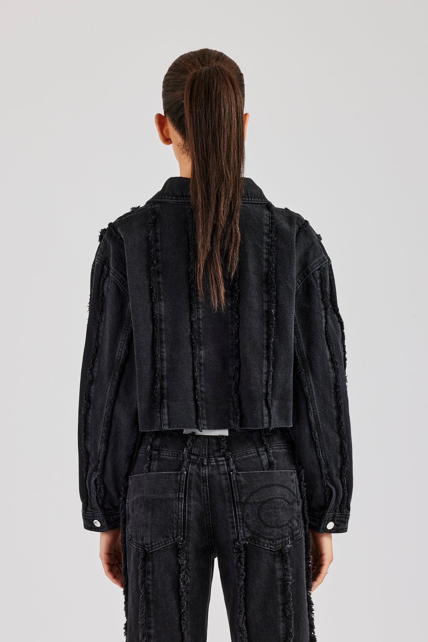 Oversized Raw Edge Cropped Denim Jacket Washed Black Womens Denim