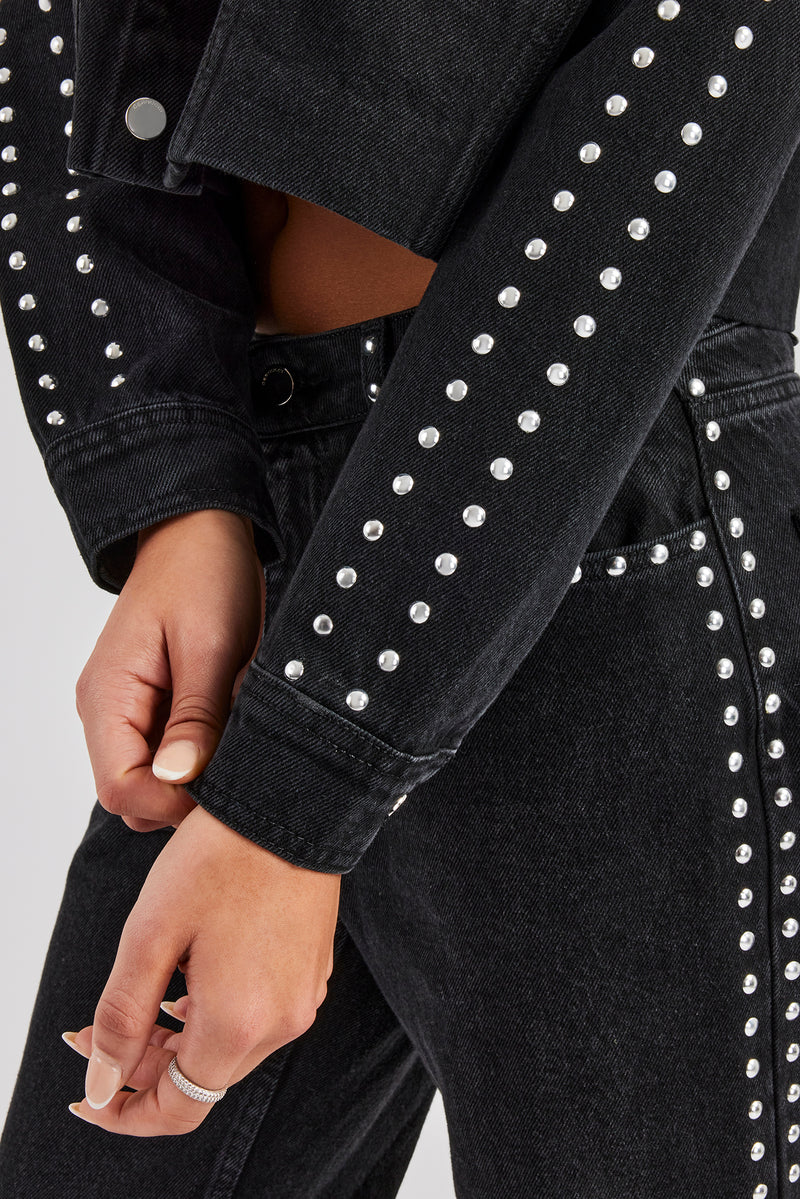 Stud Cropped Denim Jacket & Flare Jean - Washed Black