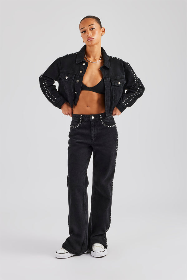 Stud Cropped Denim Jacket & Flare Jean - Washed Black