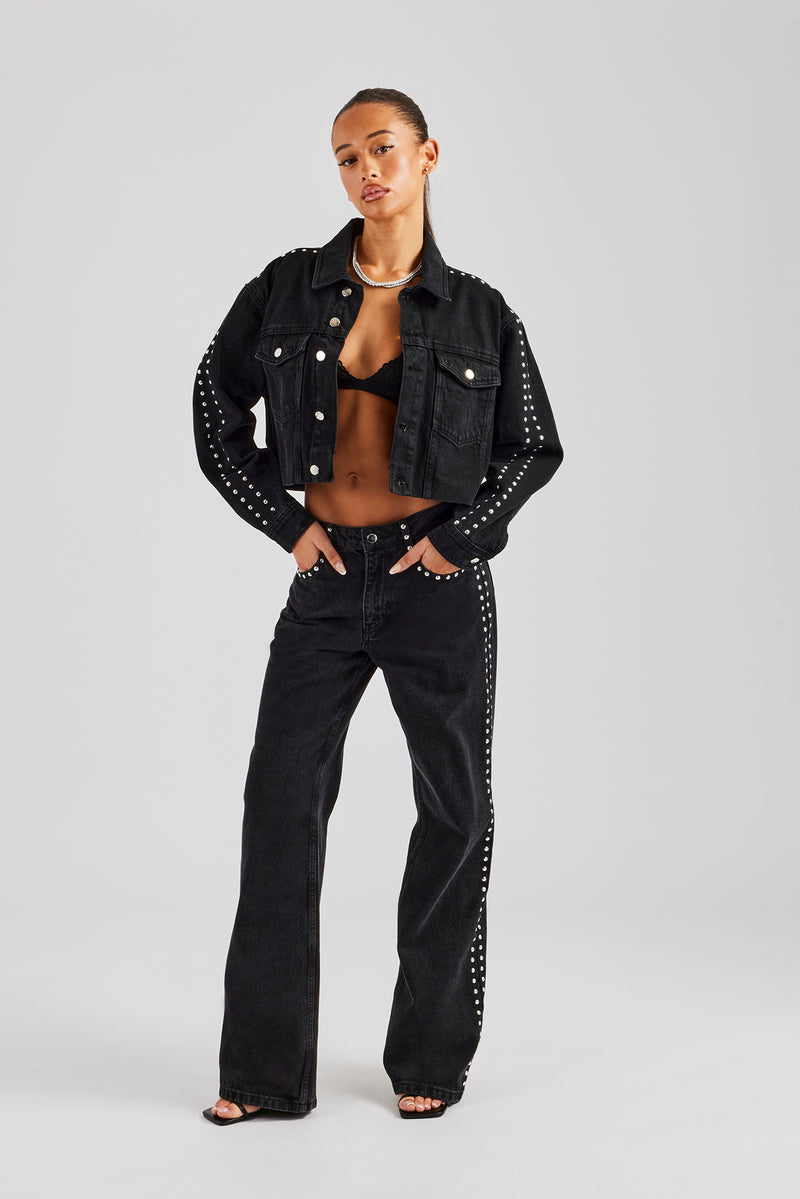 Stud Cropped Denim Jacket - Washed Black