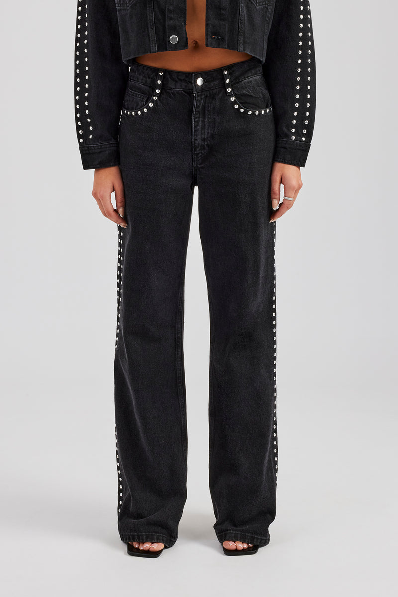 Stud Flare Jean - Washed Black