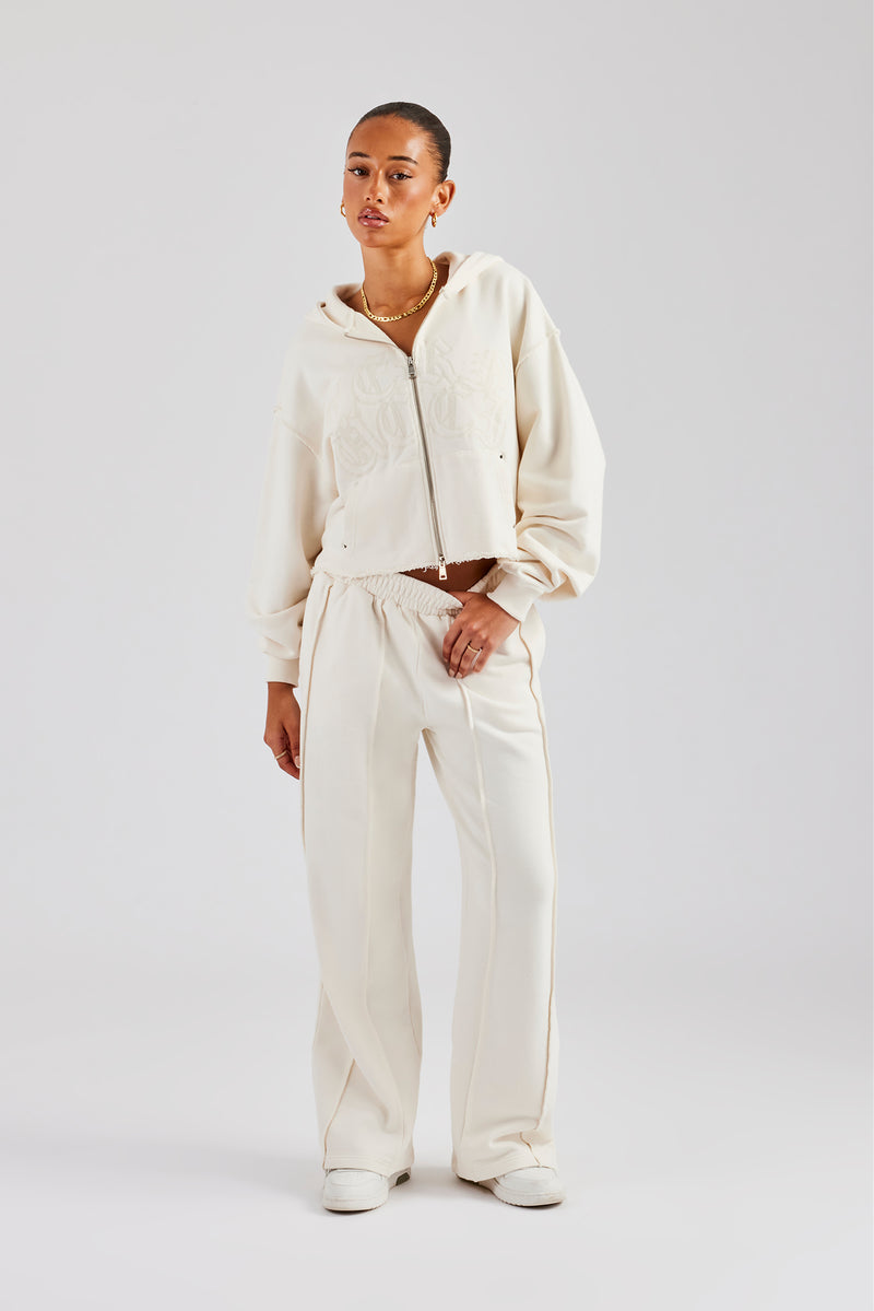 Raw Edge Zip Through Hoodie and Jogger Set - Off White