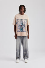 Multi Gem Cross Distressed Oversized Graphic T-Shirt - Taupe