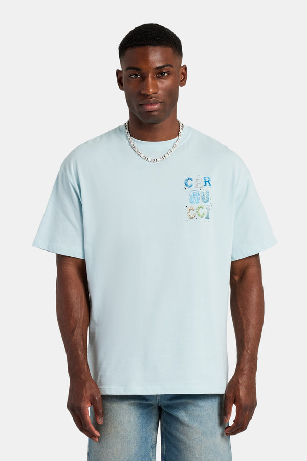 Cernucci Letter Rhinestone Oversized T-Shirt - Light Blue