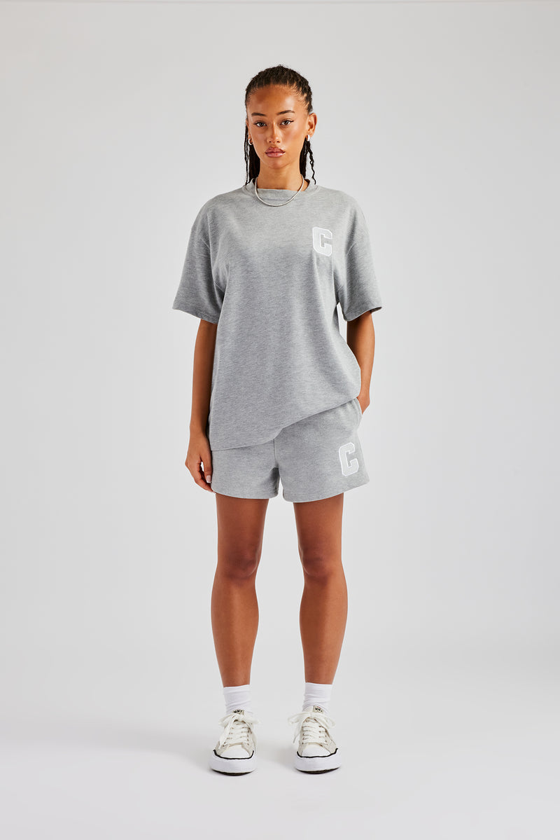 C Embroidered Oversized T-Shirt & Short Set - Grey Marl