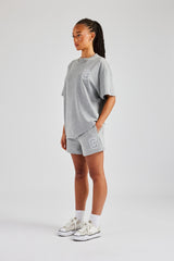 C Embroidered Oversized T-Shirt & Short Set - Grey Marl