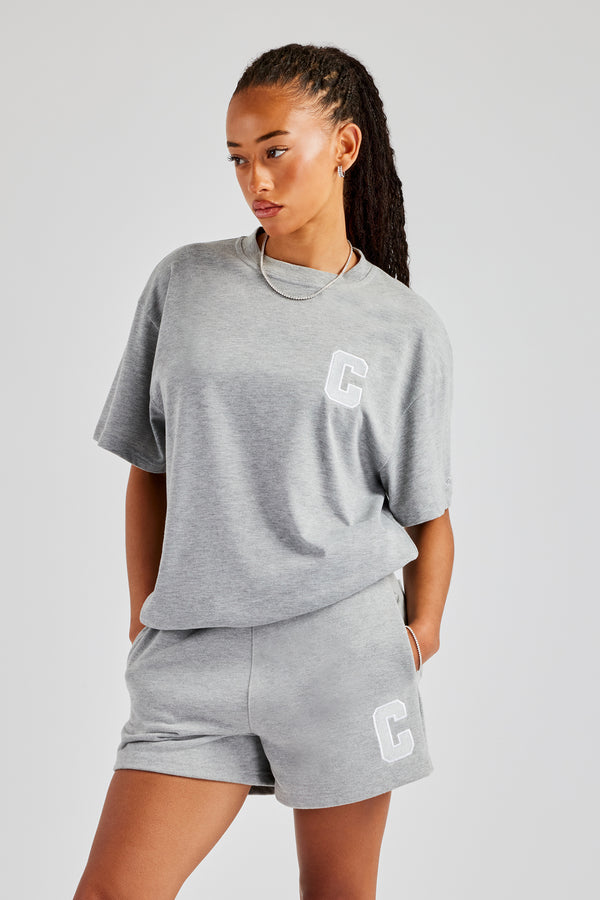 C Embroidered Oversized T-Shirt - Grey Marl