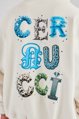 Cernucci Letter Rhinestone Zip Through Hoodie - Off White