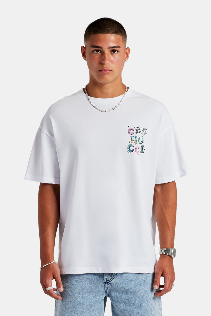 Cernucci Letter Rhinestone Oversized T-Shirt  - White