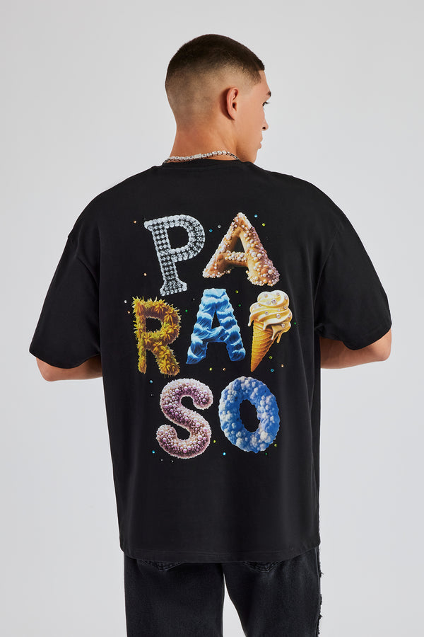 Paraiso Letter Rhinestone Oversized T-Shirt - Black