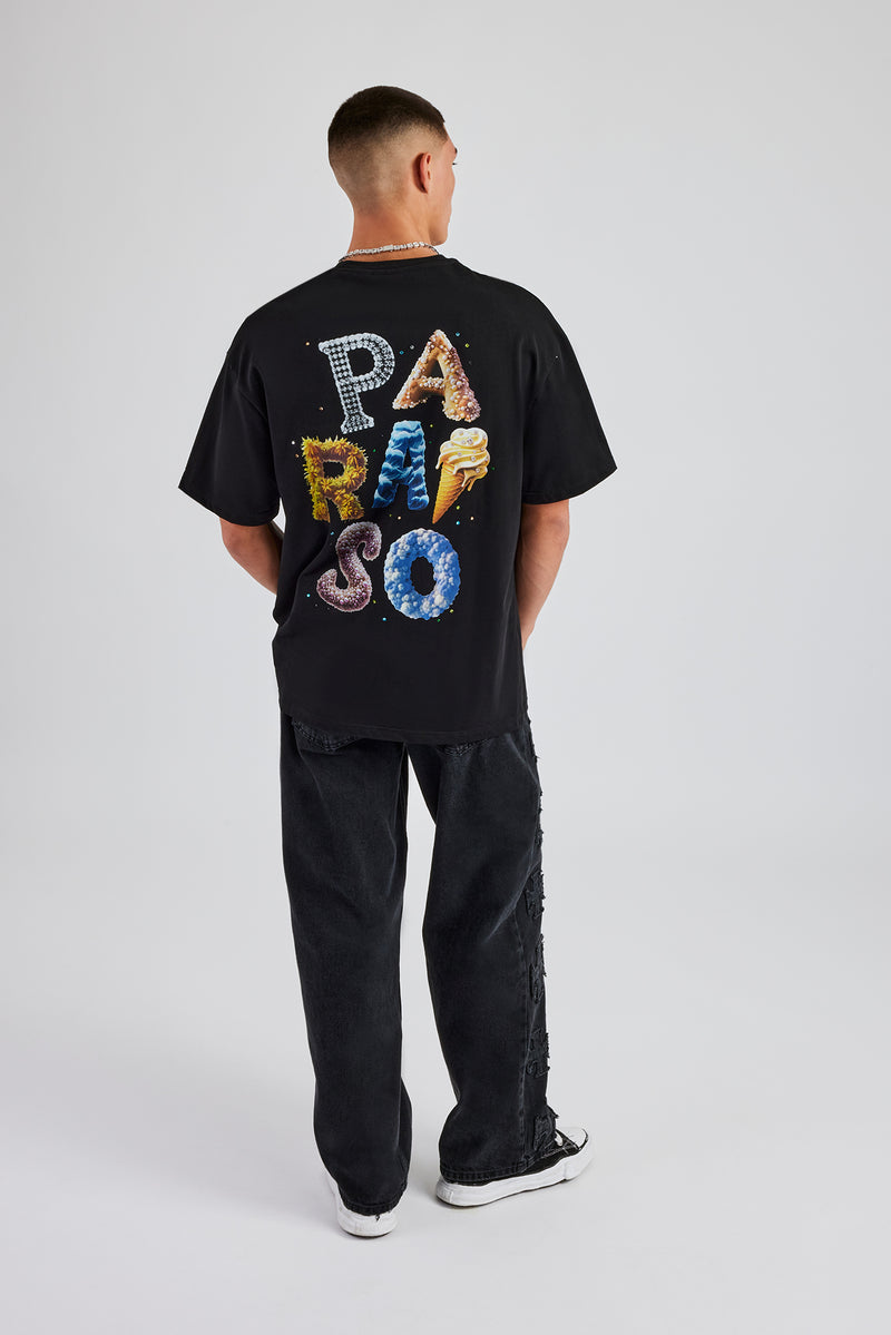 Paraiso Letter Rhinestone Oversized T-Shirt - Black