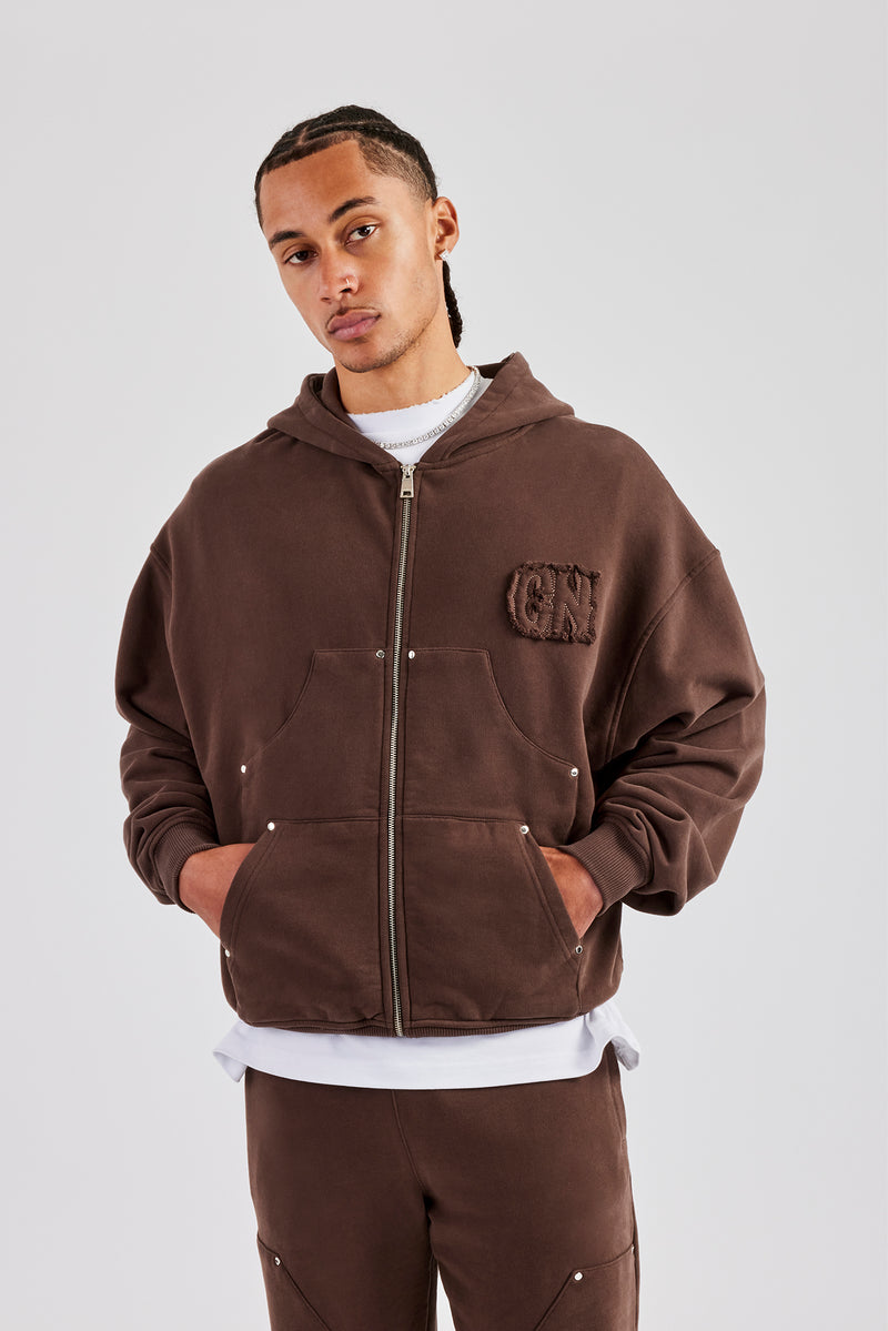 Carpenter Raw Edge Zip Through Hoodie - Chocolate