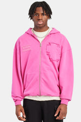 Printed Applique Zip Hoodie - Pink