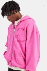 Printed Applique Zip Hoodie - Pink