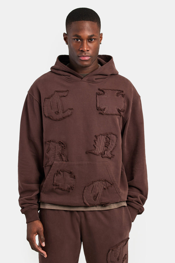 Raw Edge Applique Hoodie  - Brown