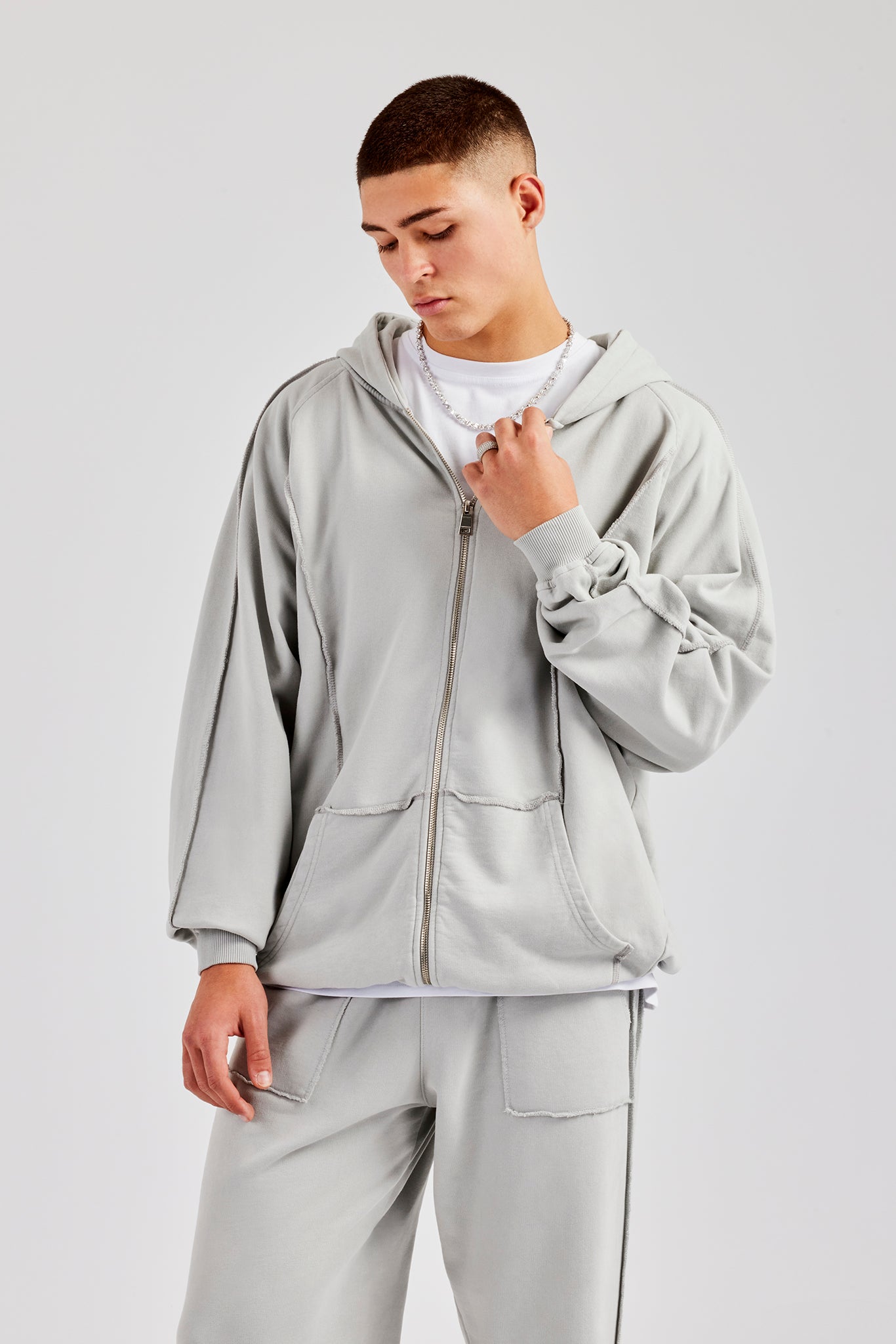 Exposed Seam Zip Through Hoodie Ash Grey