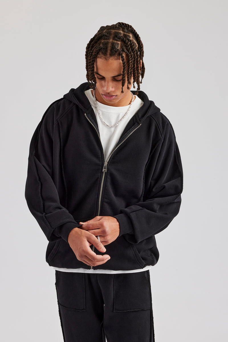 Exposed Seam Zip Through Hoodie - Black