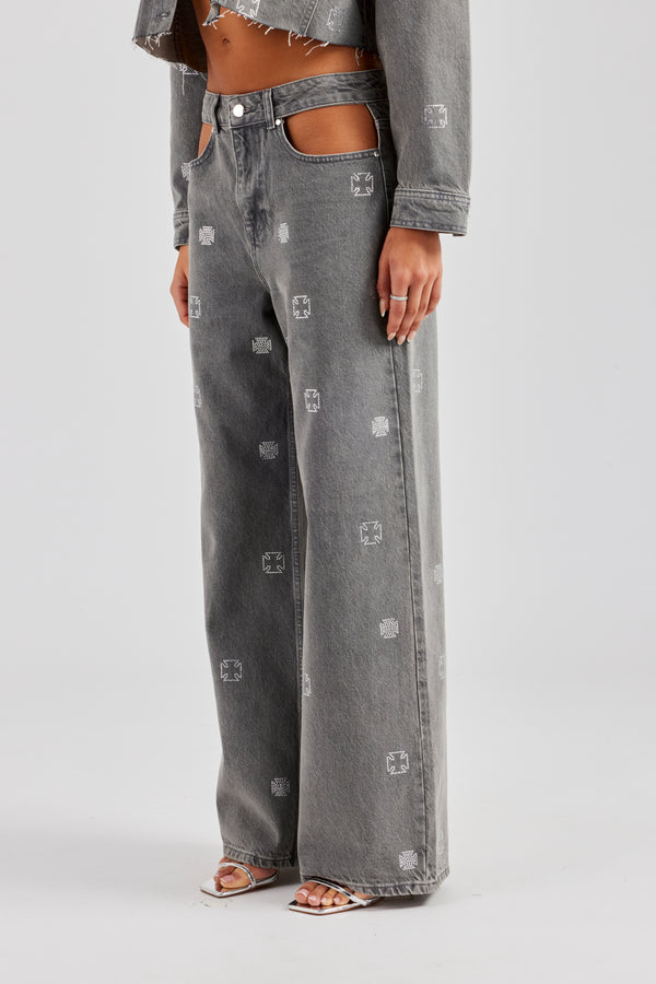 Rhinestone Motif Relaxed Denim Jean - Washed Grey