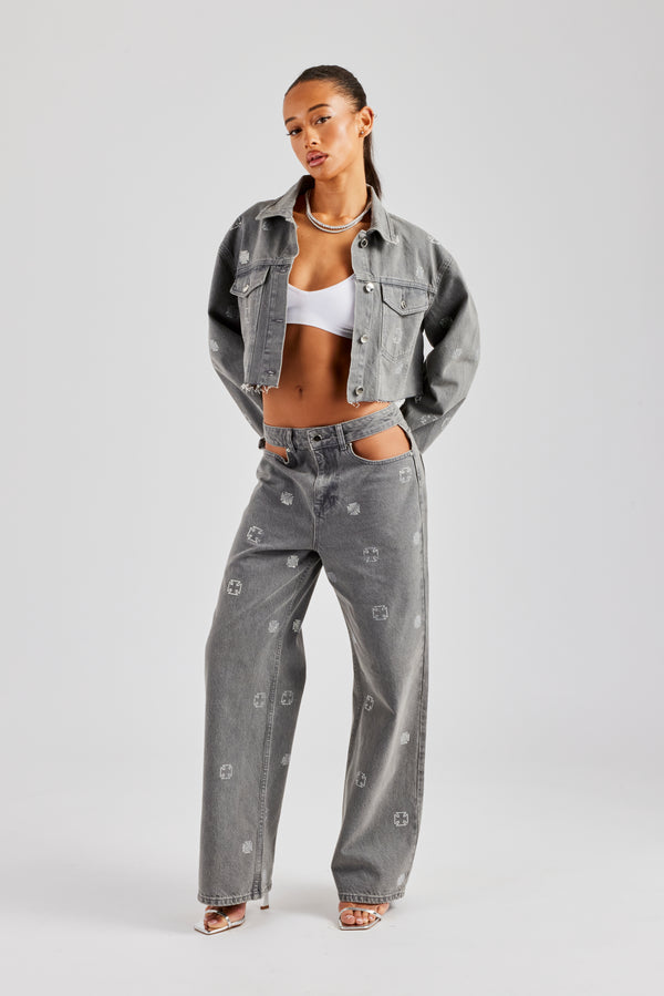 Rhinestone Motif Denim Jacket and Jean Set - Washed Grey