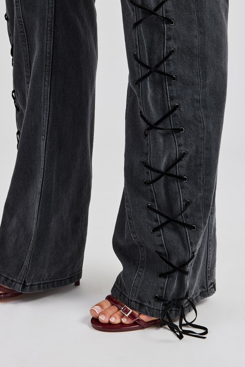 Lace Up Detail Relaxed Denim Jean - Washed Black