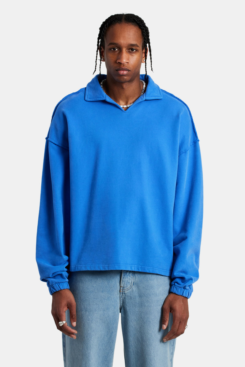 Long Sleeve Exposed Seam Collared Sweatshirt - Washed Cobalt