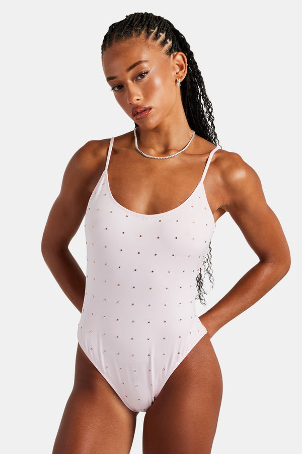 Womens Rhinestone Low Back Swimsuit - Pink