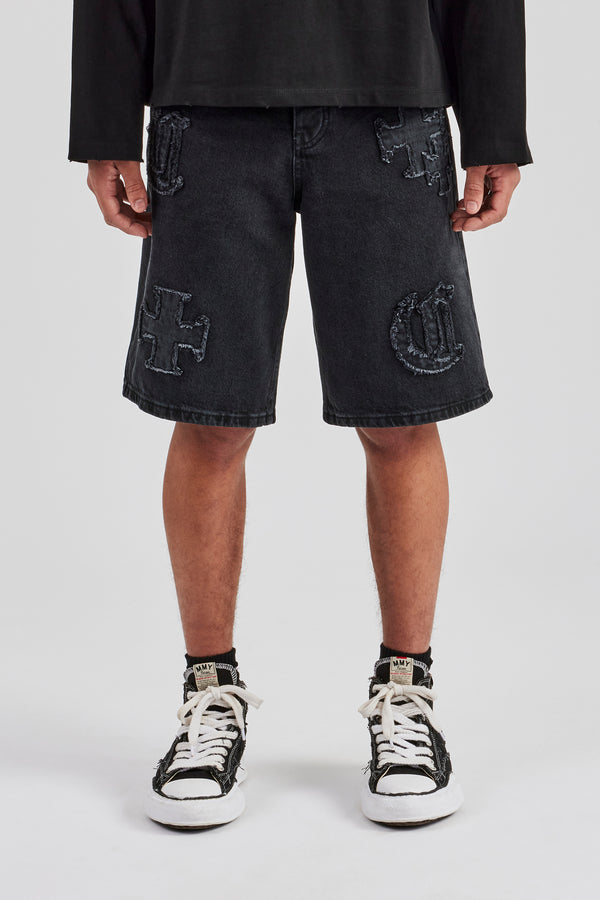 Raw Edge Applique Denim Bermuda Short - Black