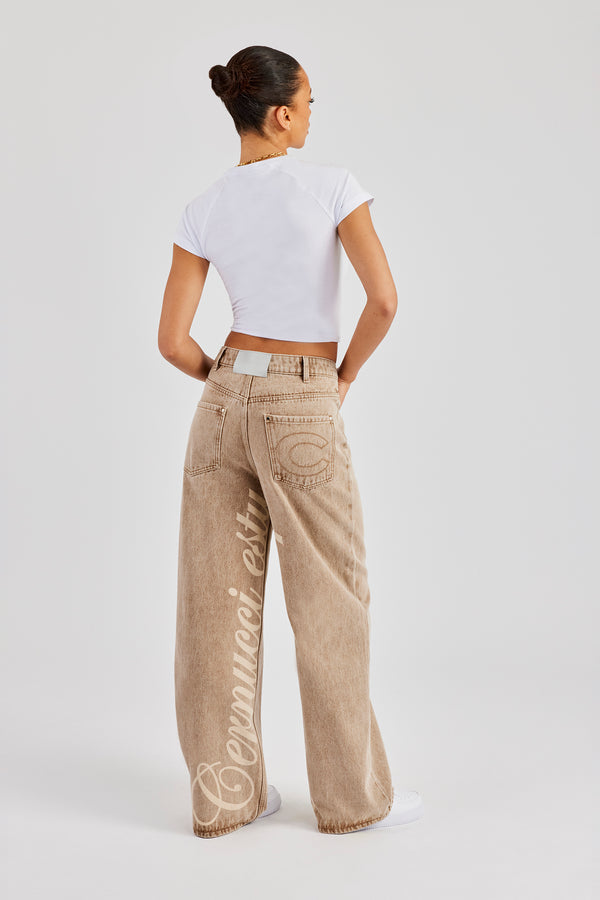 Baggy Fit Laser Print Jeans - Beige