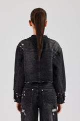 Raw Hem Denim Collarless Jacket - Washed Black