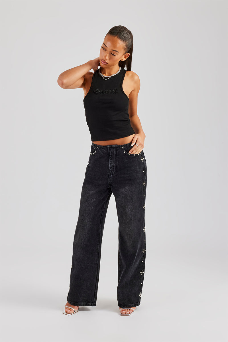 Stud Detail Baggy Jean - Washed Black