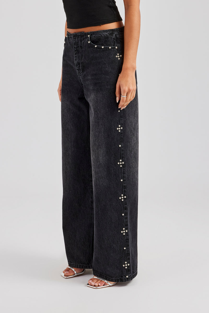 Stud Detail Baggy Jean - Washed Black