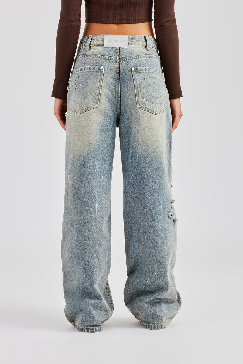 Distressed Paint Splatter Baggy Jean - Antique Wash