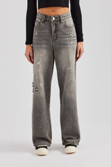 Distressed Paint Splatter Baggy Jean - Washed Grey