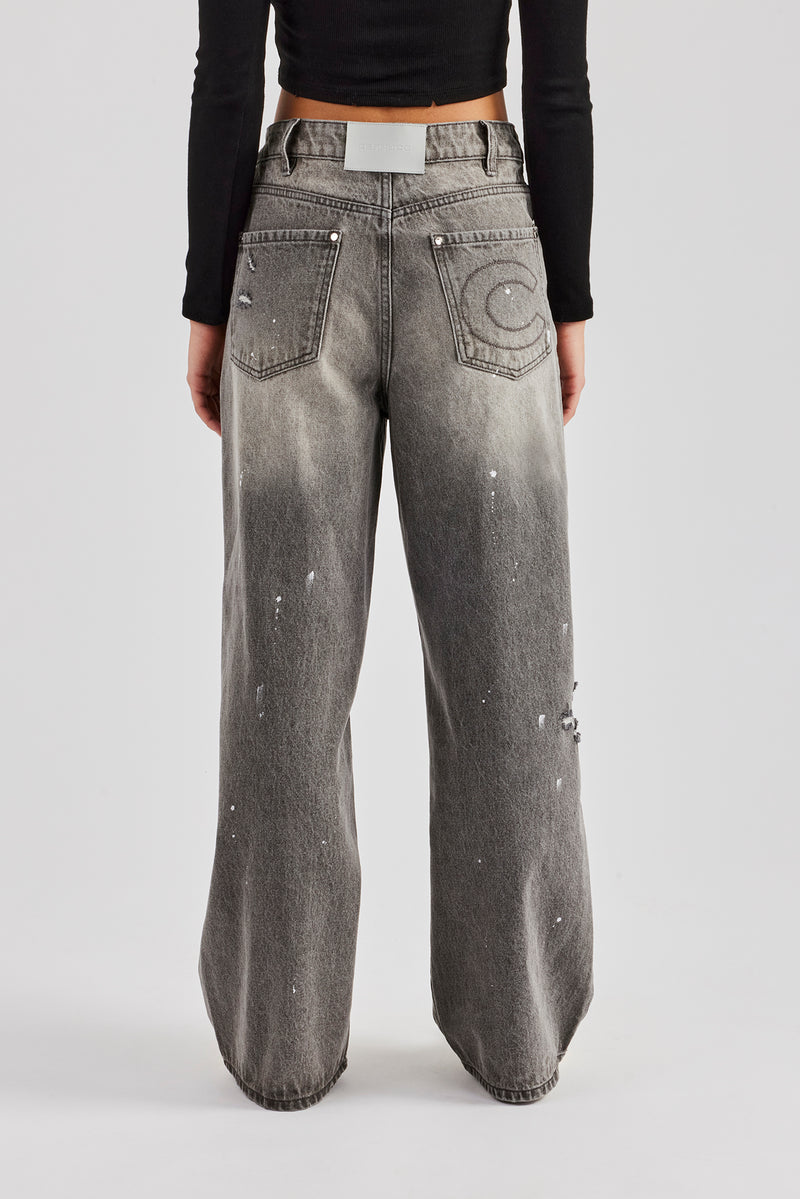 Distressed Paint Splatter Baggy Jean - Washed Grey