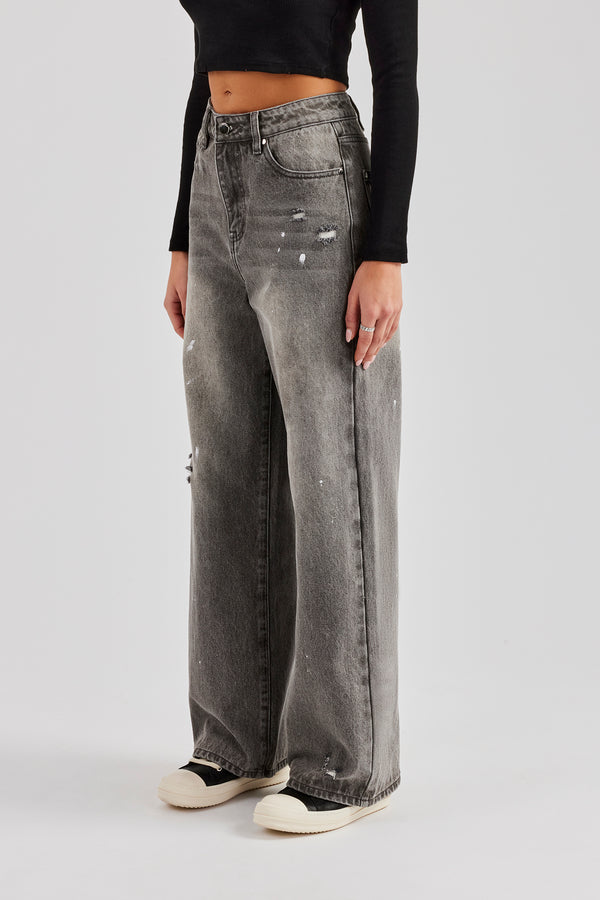 Distressed Paint Splatter Baggy Jean - Washed Grey