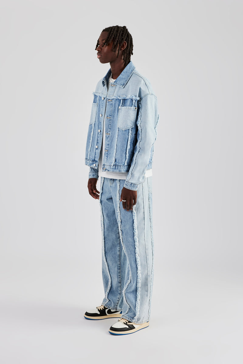 Two Tone Distressed Denim Jacket & Jean - Light Blue