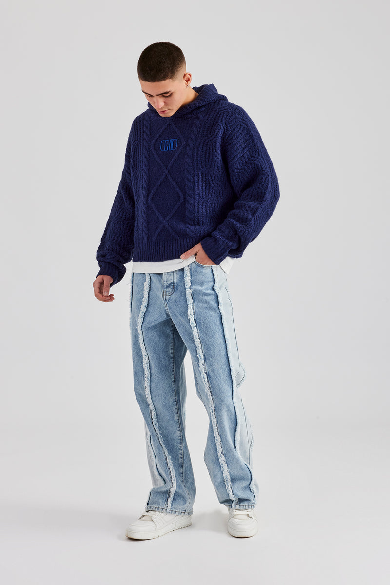 Boxy Cable Knit Embroidered Hoodie - Navy