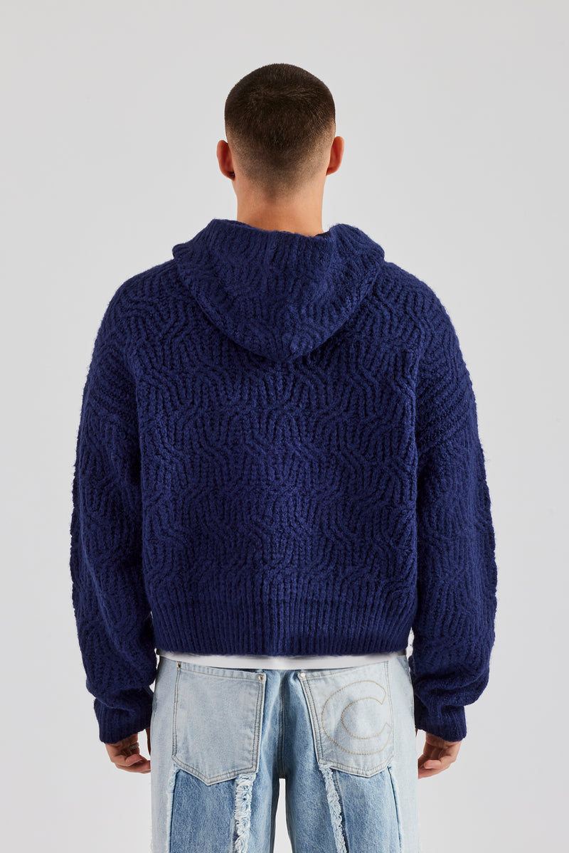 Boxy Cable Knit Embroidered Hoodie - Navy