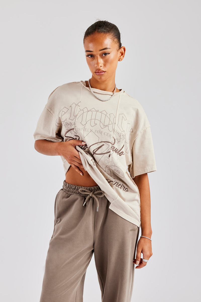 Oversized Spliced Graphic T-Shirt - Taupe