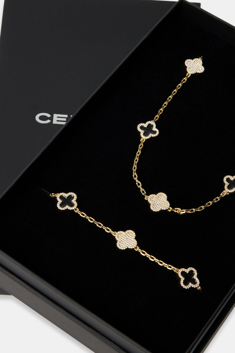 Black and Iced Enamel Chain & Bracelet Gift Set - Gold