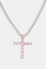 3mm Cuban Chain With Iced Pink CZ Cross Necklace