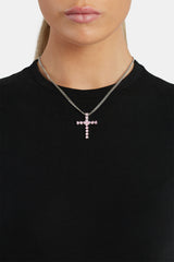 3mm Cuban Chain With Iced Pink CZ Cross Necklace