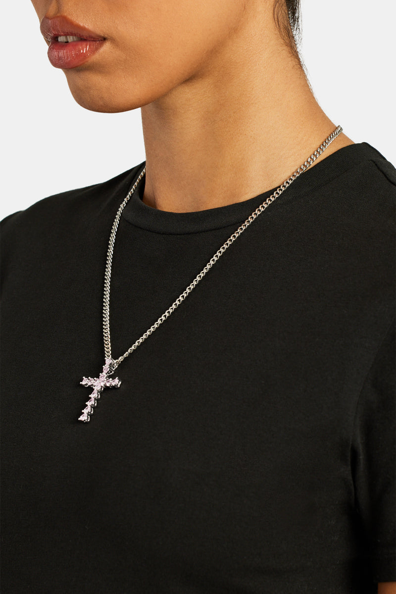 3mm Cuban Chain With Iced Pink CZ Cross Necklace